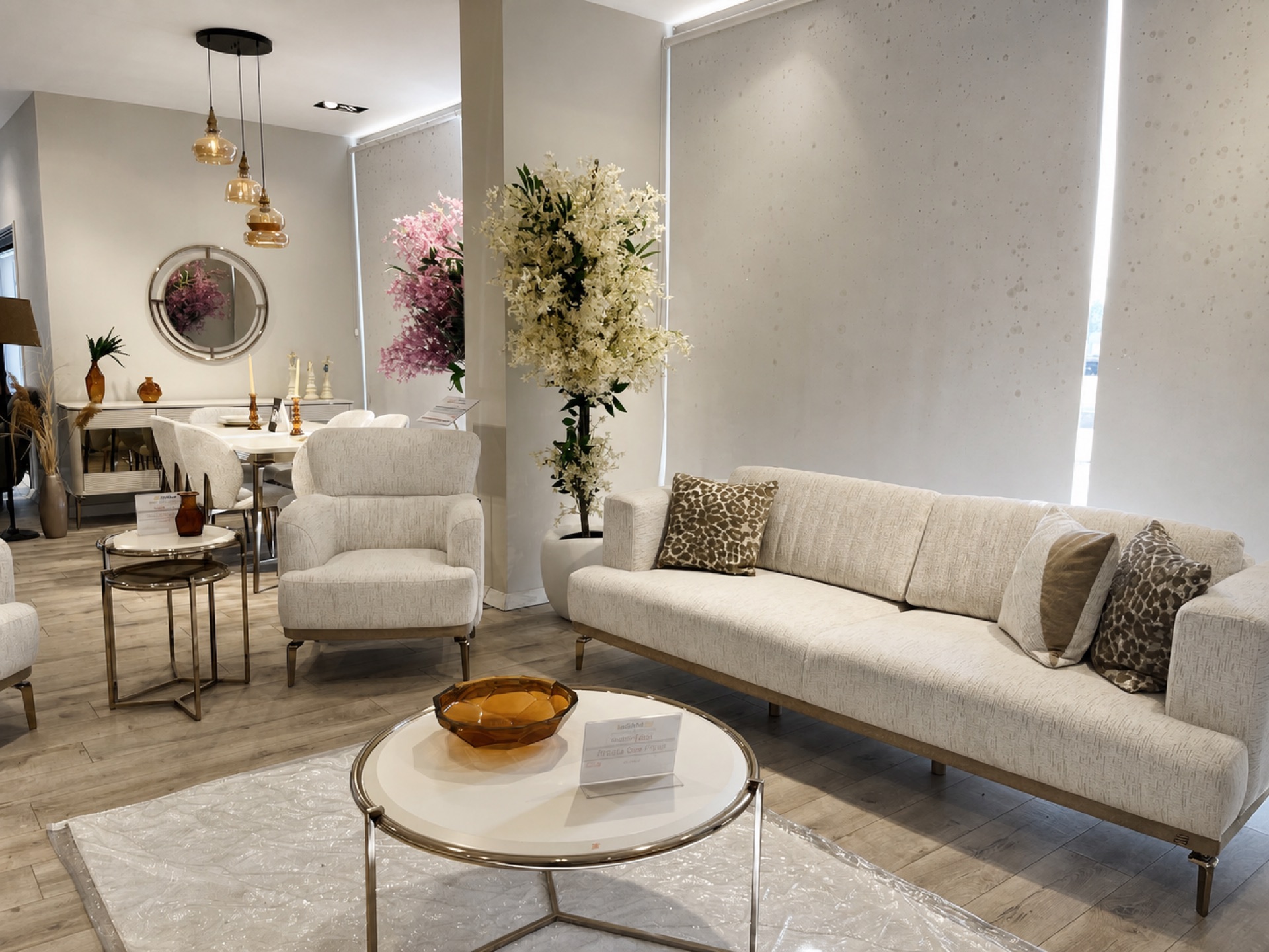 İstikbal Torbalı showroomunda krem koltuk ve yemek odası takımı